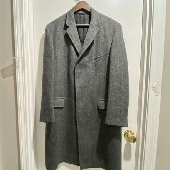 Men Chic Quiet Luxury Grandpa Minimalist Preppy Office Herringbone Wool Coat  L - Picture 1 of 11